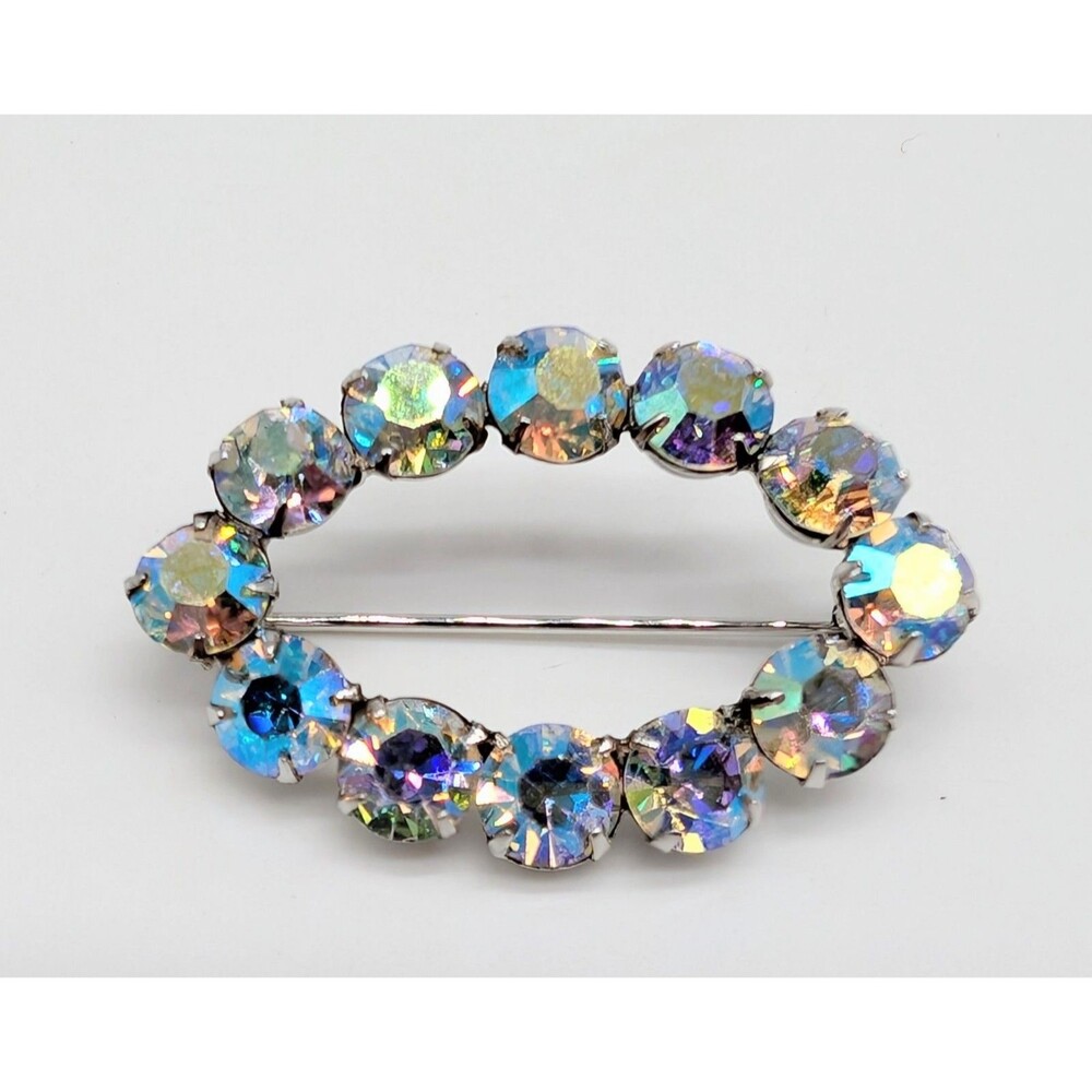 Aurora Borealis AB Rhinestone Iridescent Oval Ellipse Brooch Pin Silver Tone
